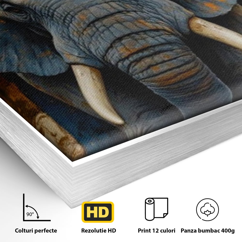 Detaliu al suprafetei: tablou canvas cu cap de elefant, in rama de aluminiu argintiu